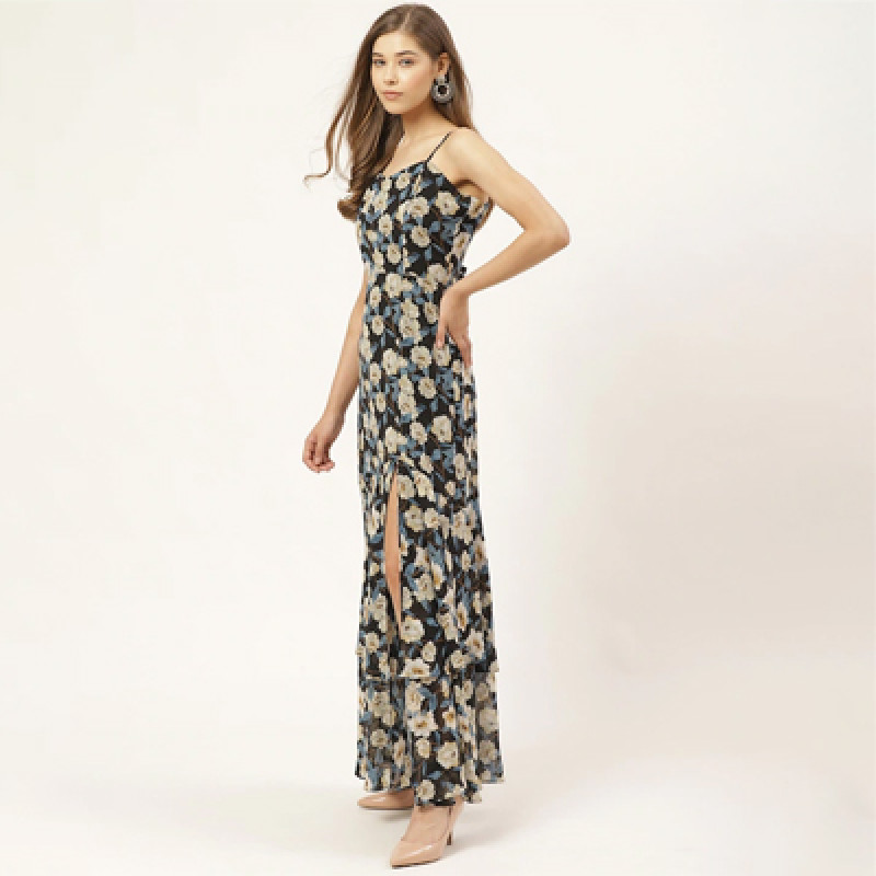 Black & Off-White Floral Print High-Slit Tiered Maxi Dress