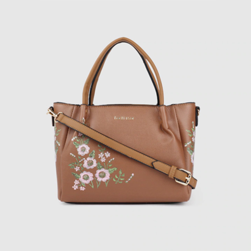 Brown Floral Print PU Regular Structured Handheld Bag