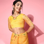 Yellow Floral Print Organza Tussar Saree