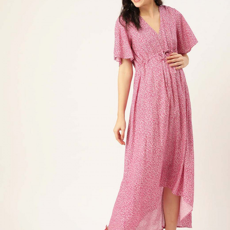 Women Pink & White Printed Sustainable Maternity High-Low Maxi Dress