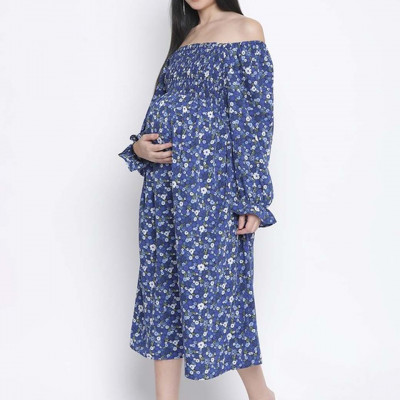 Blue & White Floral Off-Shoulder Satin Maternity Midi Dress