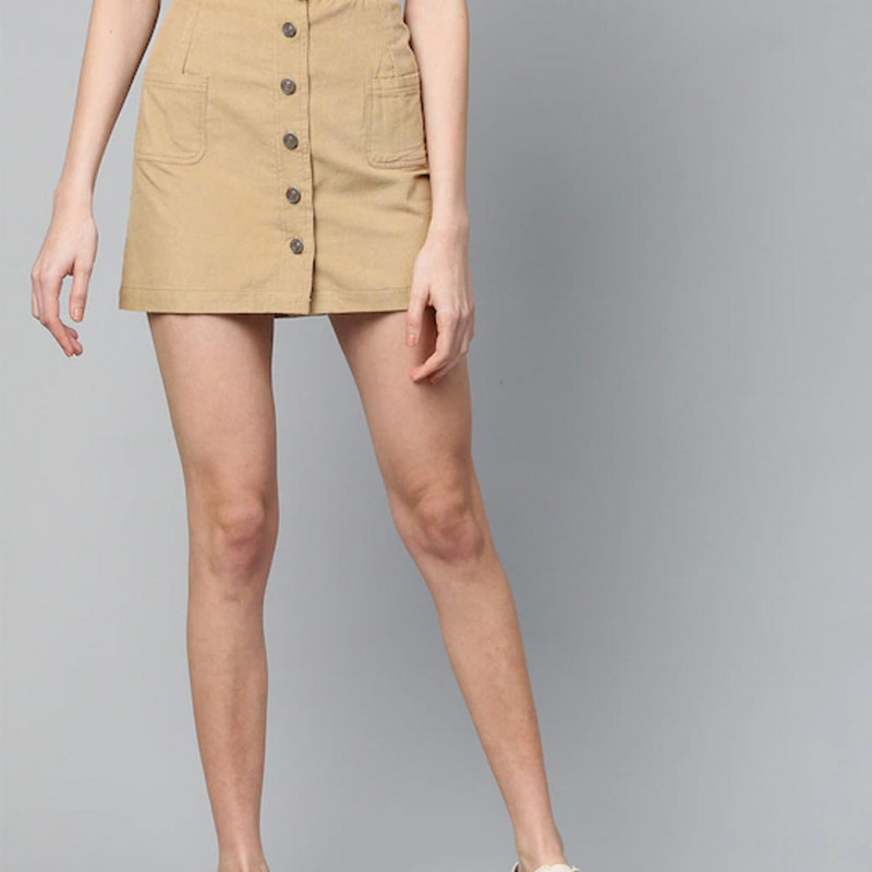 Women Beige Solid Corduroy A-Line Pure Cotton Skirt