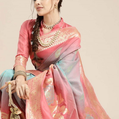 Pink & Blue Floral Dyed Banarasi Sarees