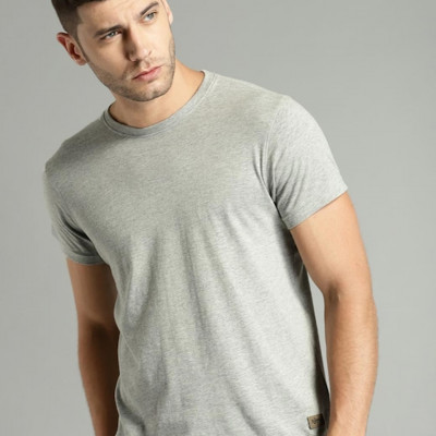 Men Grey Melange Solid Round Neck T-shirt