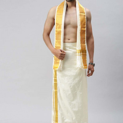 Men Cream-Coloured Solid Pure Silk Dhoti & Towel