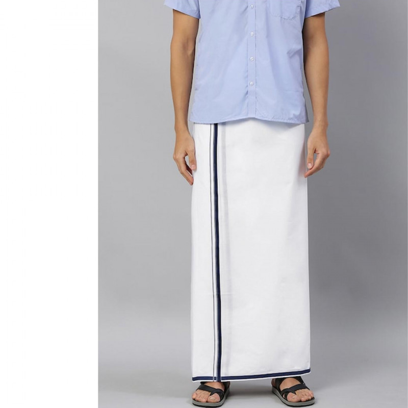 Men White Solid Dhoti with Navy Blue Border