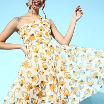 Yellow & White Floral One Shoulder Dress