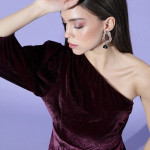 Women Deep Burgundy Solid One-Shoulder Dress