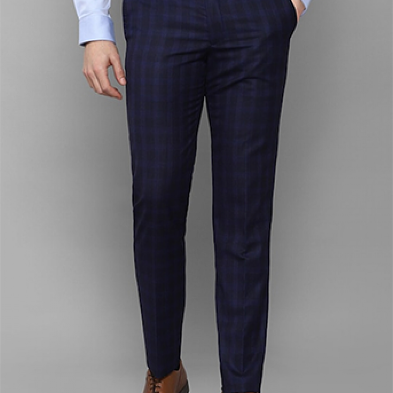 Men Navy Blue Checked Slim Fit Trousers