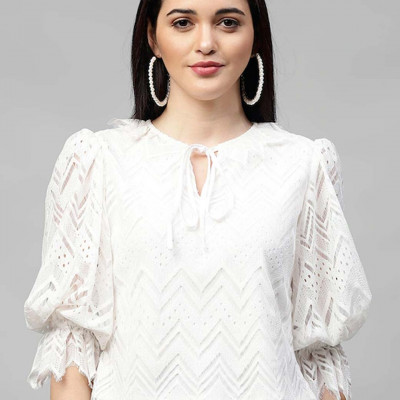 White Tie-Up Neck Puff Sleeves Lace Top