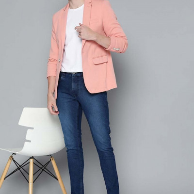 Men Pink Textured Regular Fit Smart Casual Blazer