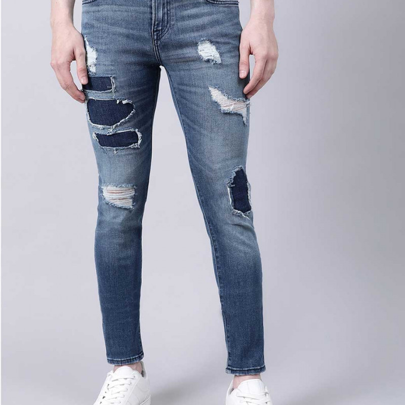 Men Blue Skinny Fit Highly Distressed Heavy Fade Jeans