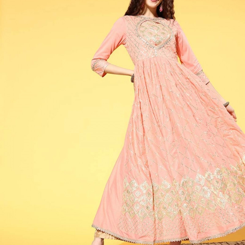 Women Beautiful Peach Cotton Bling it On Kurta