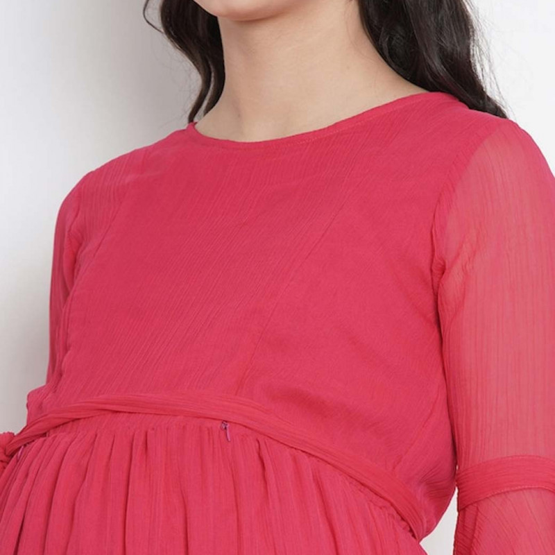 Peach-Coloured Printed Fit and Flare Maternity Feeding Nursing Dress