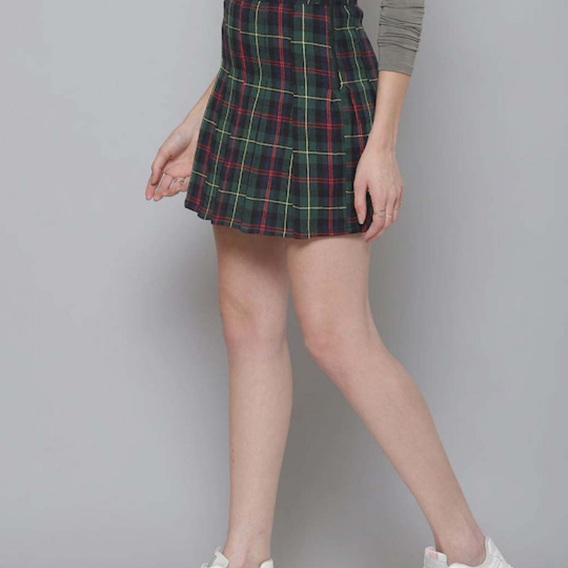 Green & Navy Blue Checked A-Line Pure Cotton Skirt