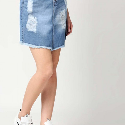Women Blue Solid Distressed A-Line Mini Denim Skirt