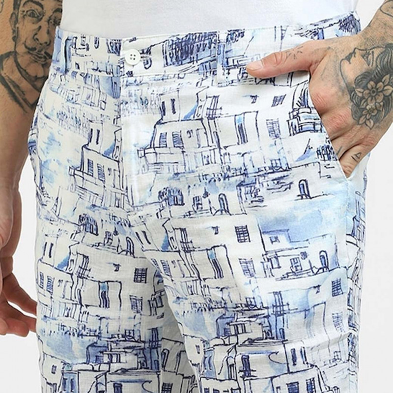 Men White Printed Low-Rise Linen Shorts