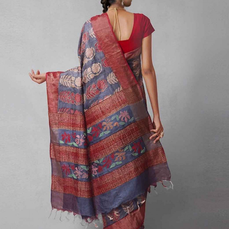 Maroon & Blue Woven Design Kantha Work Pure Silk Tussar Saree