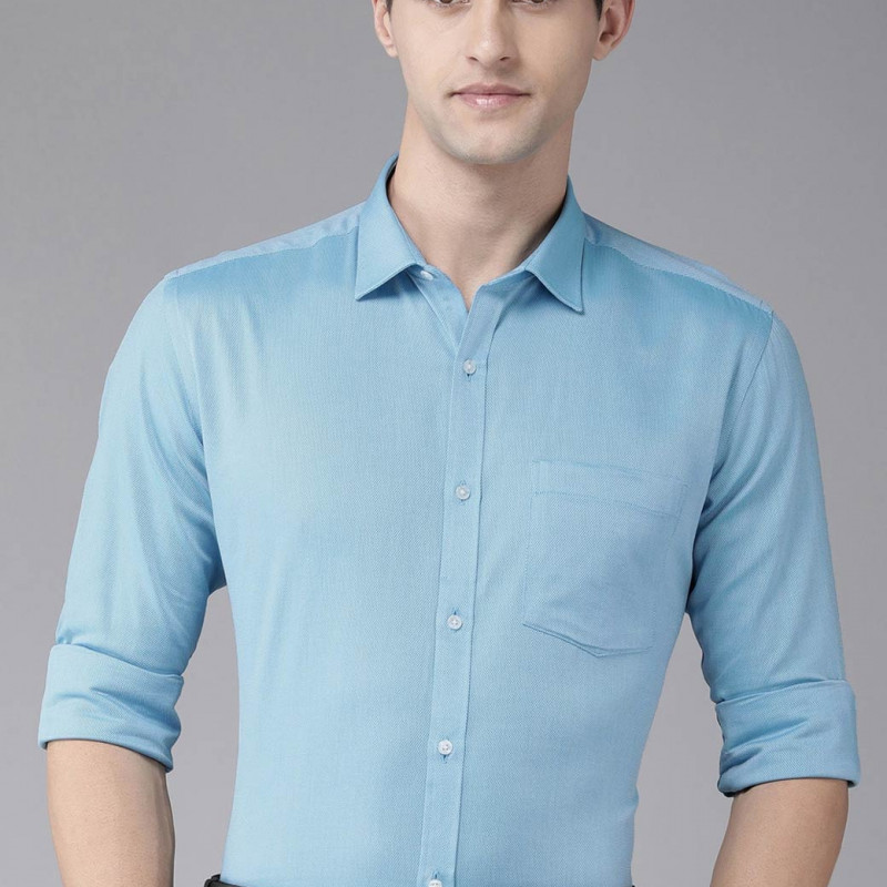 "Men Blue Solid Pure Cotton Slim Fit Formal Shirt "