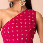 Women Pink One Shoulder Belted Ethnic Dress