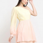 Pink & Yellow One Shoulder Crepe Dress