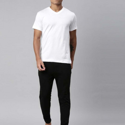 Men White Solid V-Neck Lounge T-shirt