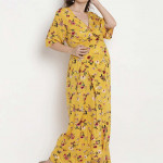 Women Yellow Printed Maternity Wrap Dress