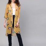 Mustard Yellow & Pink Floral Print Open Front Shrug