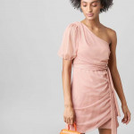 Women Pink Solid One Shoulder Mini Sheath Dress