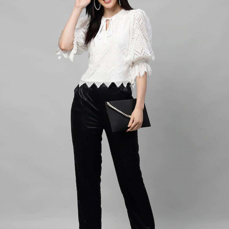 White Tie-Up Neck Puff Sleeves Lace Top