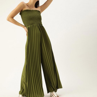Women Olive Green Solid Accordion Pleated Smocked Basic Jumpsuit
