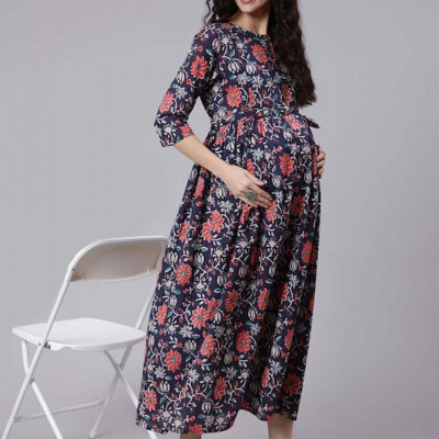 Blue Floral Maternity Cotton Maxi Dress