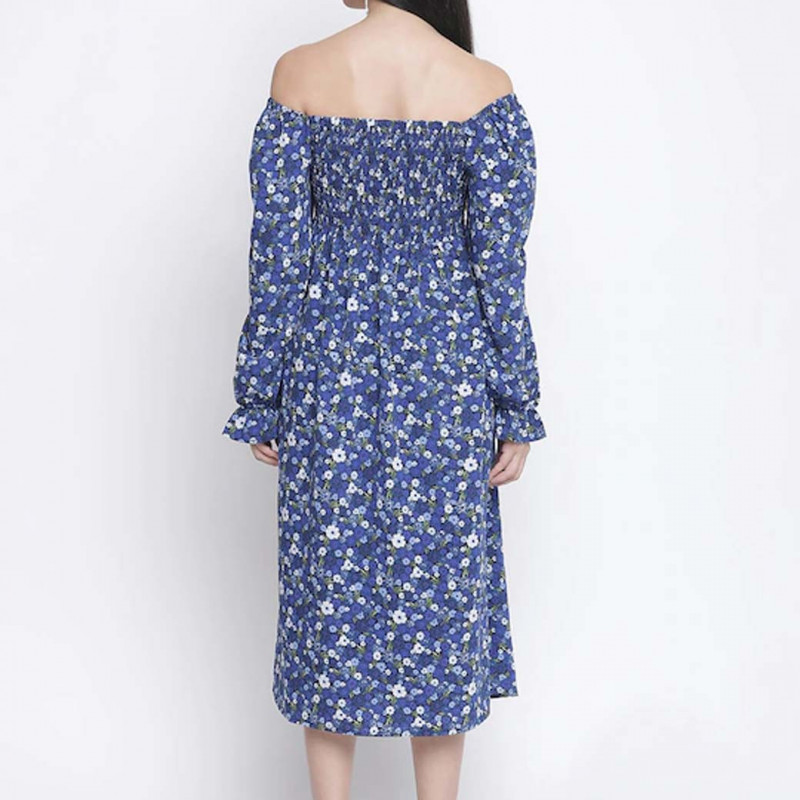 Blue & White Floral Off-Shoulder Satin Maternity Midi Dress