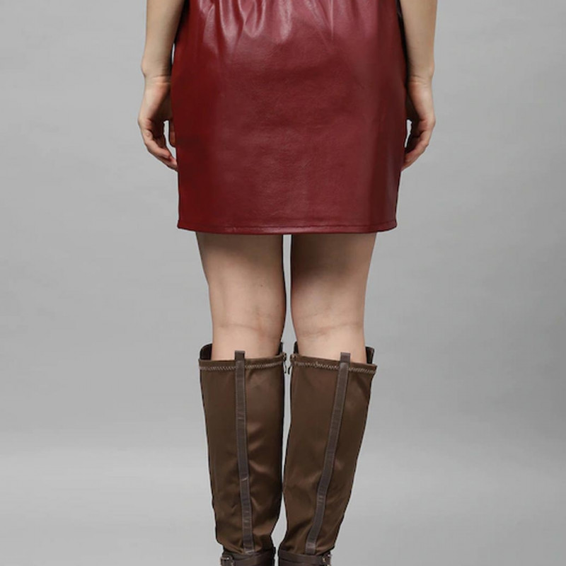 Maroon Solid Leather Straight Skirt