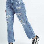 Women Blue Wide Leg Highly Distressed Heavy Fade Jeans