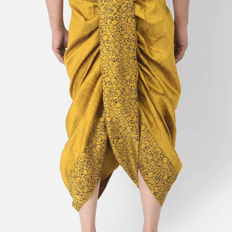 Men Yellow & Black Printed Dupion Silk Dhoti Pants