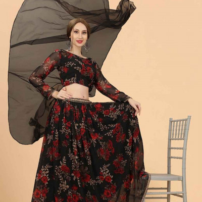 Black & Red Printed Ready to Wear Lehenga & Blouse With Dupatta