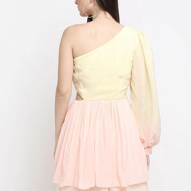 Pink & Yellow One Shoulder Crepe Dress