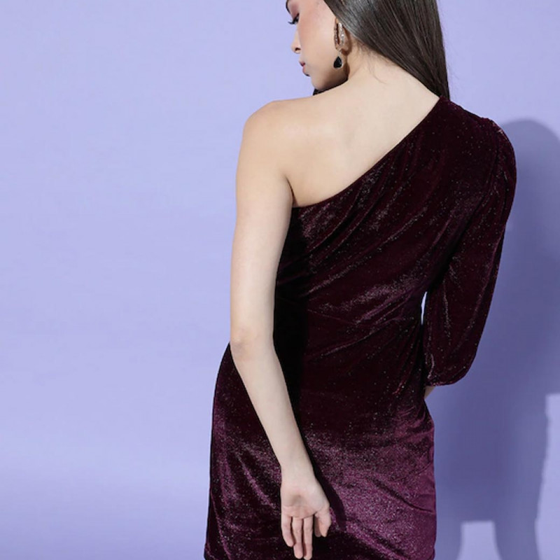 Women Deep Burgundy Solid One-Shoulder Dress
