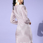 Lavender Solid Accordion Pleats Wrap Dress
