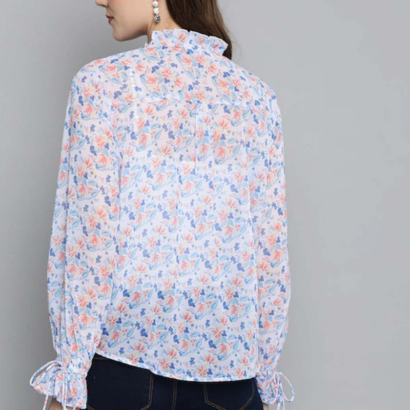 White & Blue Floral Printed Puff Sleeves Shirt Style Top